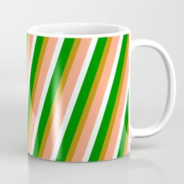 [ Thumbnail: Dark Goldenrod, Light Salmon, Mint Cream, and Green Colored Pattern of Stripes Coffee Mug ]