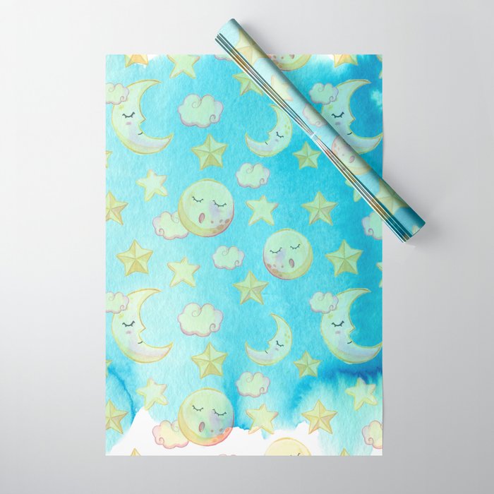 Blue yellow pink watercolor starry moon sun Wrapping Paper