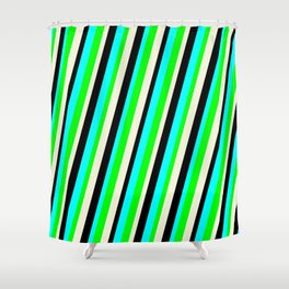 [ Thumbnail: Cyan, Lime, Beige & Black Colored Lined Pattern Shower Curtain ]