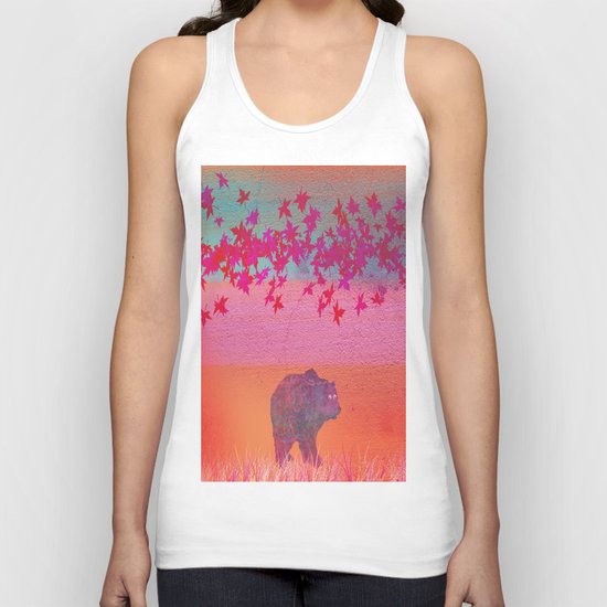 Little bear in the colorful field, leaf, colors, pink, blue, field, grass, bear Unisex Tank Top