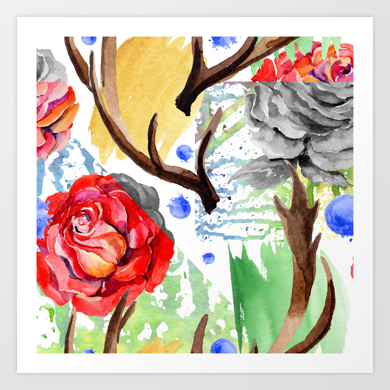 Hand Painted Red Pink Green Watercolor Geometrical Abstract Roses