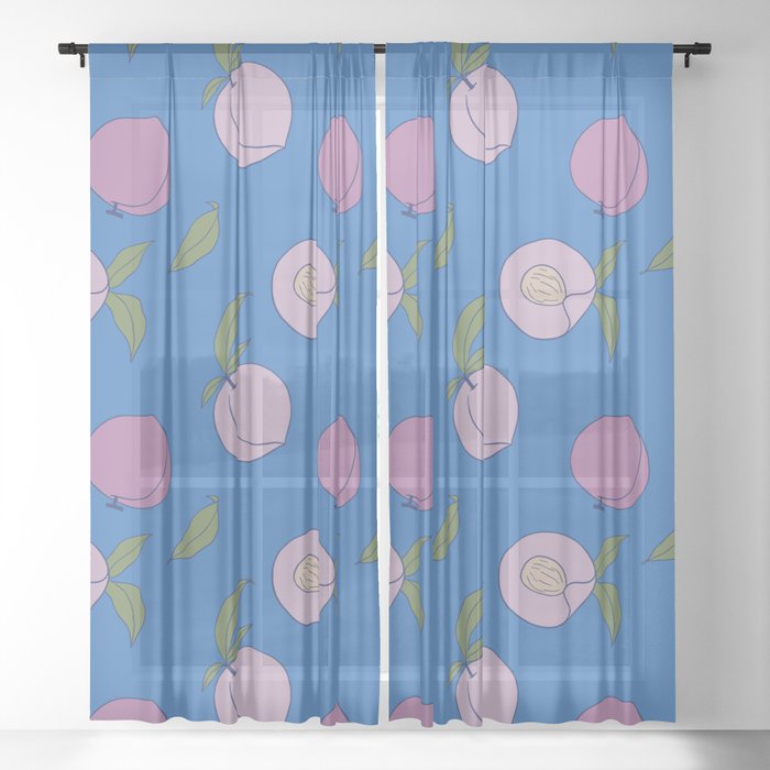 peach and leaf on sapphire blue background Sheer Curtain