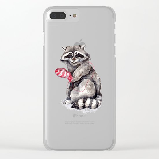 Pensive Raccoon in Red Mittens. Winter Season. Clear iPhone Case