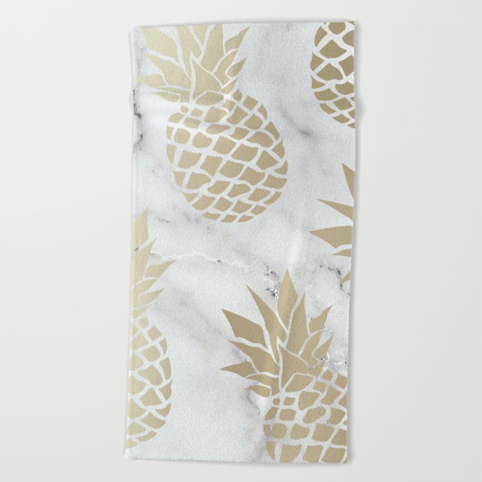 Pineapple Art with Marble, White and Gold Beach Towel