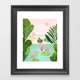 Morocco Meditation Garden - Pink and Green Landscape Framed Art Print