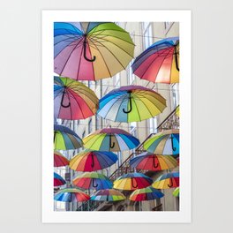 Bright and cheerful umbrellas in Lisbon, Portugal - rainbow colors street and travel photography Art Print