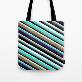 [ Thumbnail: Eye-catching Beige, Aqua, Chocolate, Midnight Blue, and Black Colored Lined Pattern Tote Bag ]