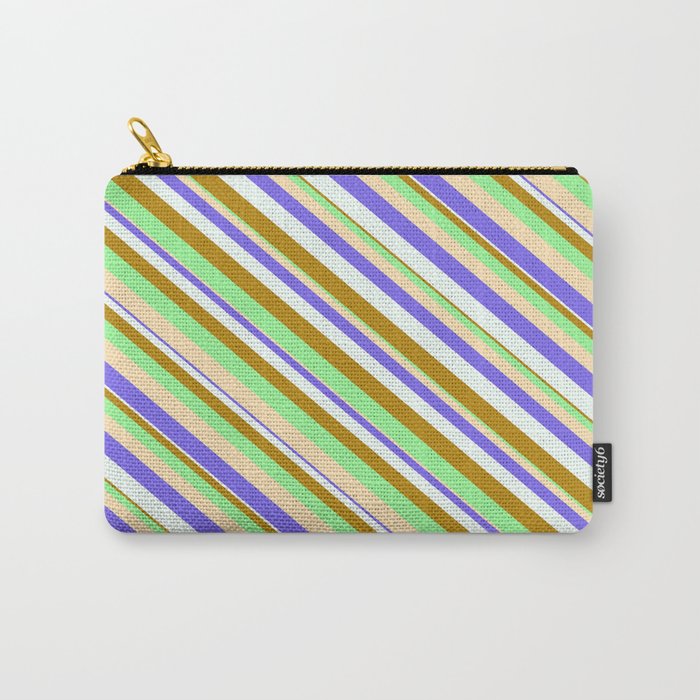 Eye-catching Dark Goldenrod, Green, Beige, Medium Slate Blue, and Mint Cream Colored Stripes Pattern Carry-All Pouch