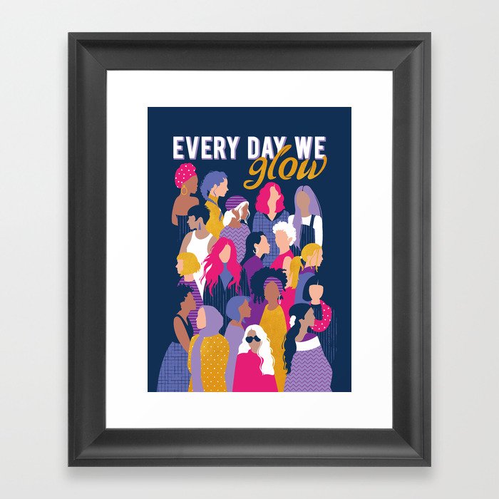 Every day we glow International Women's Day // midnight navy blue background purple, violet, very peri fuchsia pink and gold humans  Framed Art Print