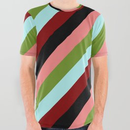 [ Thumbnail: Eyecatching Light Coral, Green, Turquoise, Maroon & Black Colored Striped/Lined Pattern All Over Graphic Tee ]