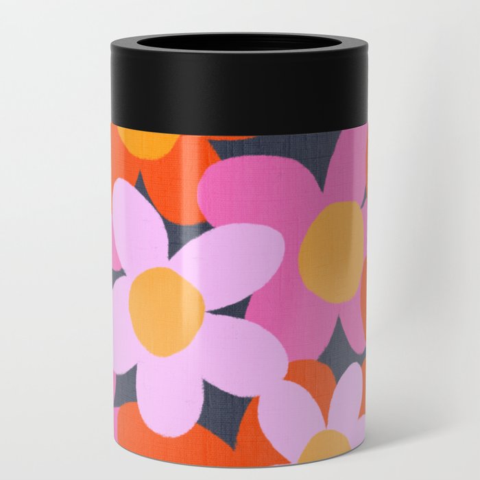 Cheerful Bright Flowers Retro 70’s Daisy Floral Garden Cottagecore Scandi Red And Pink On Navy Can Cooler