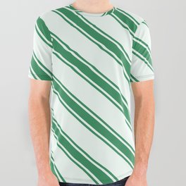 [ Thumbnail: Mint Cream & Sea Green Colored Lined/Striped Pattern All Over Graphic Tee ]