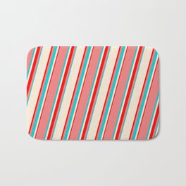 [ Thumbnail: Light Coral, Dark Turquoise, Beige & Red Colored Lines/Stripes Pattern Bath Mat ]