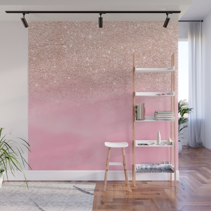 Modern Rose Gold Glitter Ombre Hand Painted Pink Watercolor Wall Mural By Girlytrend