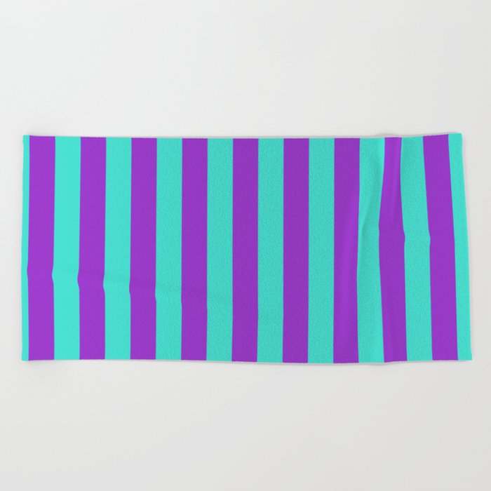 Turquoise and Dark Orchid Colored Striped Pattern Beach Towel