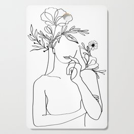 Minimal Line Art Black Woman With Flowers Cutting Board
