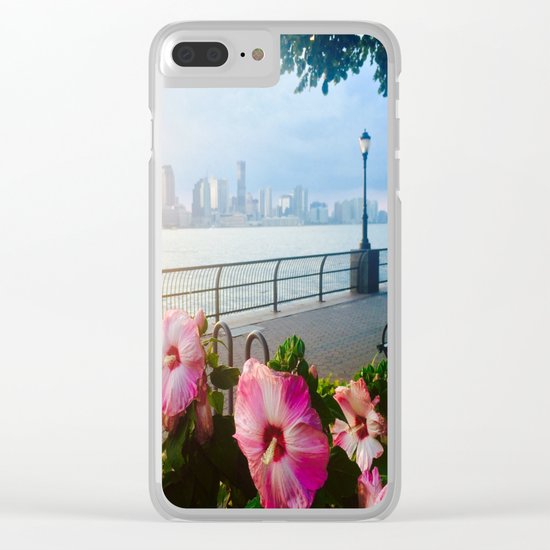 Battery Park New York City Skyline with Pink Hibiscus Flowers Clear iPhone Case