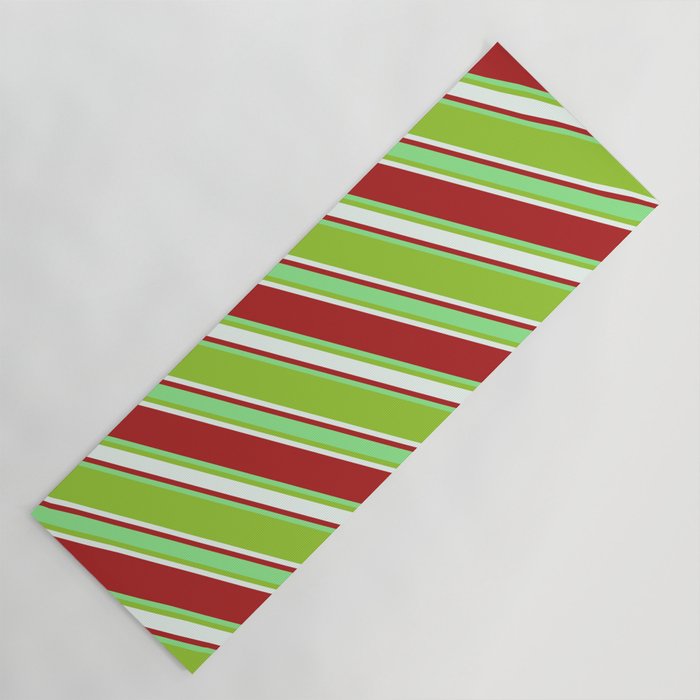 Red, Light Green, Green & Mint Cream Colored Lines Pattern Yoga Mat