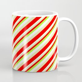 [ Thumbnail: Light Green, Mint Cream, Pale Goldenrod & Red Colored Stripes/Lines Pattern Coffee Mug ]