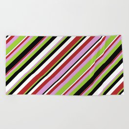 [ Thumbnail: Red, Plum, Green, Black & White Colored Lines Pattern Beach Towel ]