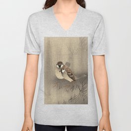 Two Ring Sparrows in the Rain by Ohara Koson V Neck T Shirt
