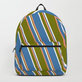 [ Thumbnail: Light Salmon, Green, White, and Blue Colored Striped Pattern Backpack ]