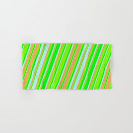 [ Thumbnail: Turquoise, Brown, Green, and Lime Colored Lines Pattern Hand & Bath Towel ]