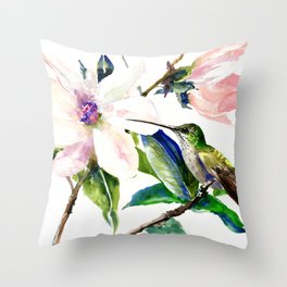 Hummingbird and Magnolia Flowers, Green Soft Pink floral design vintage style Throw Pillow