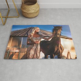 Lord of the manor; blond with horse magical realism female portrait color photograph / photography Area & Throw Rug