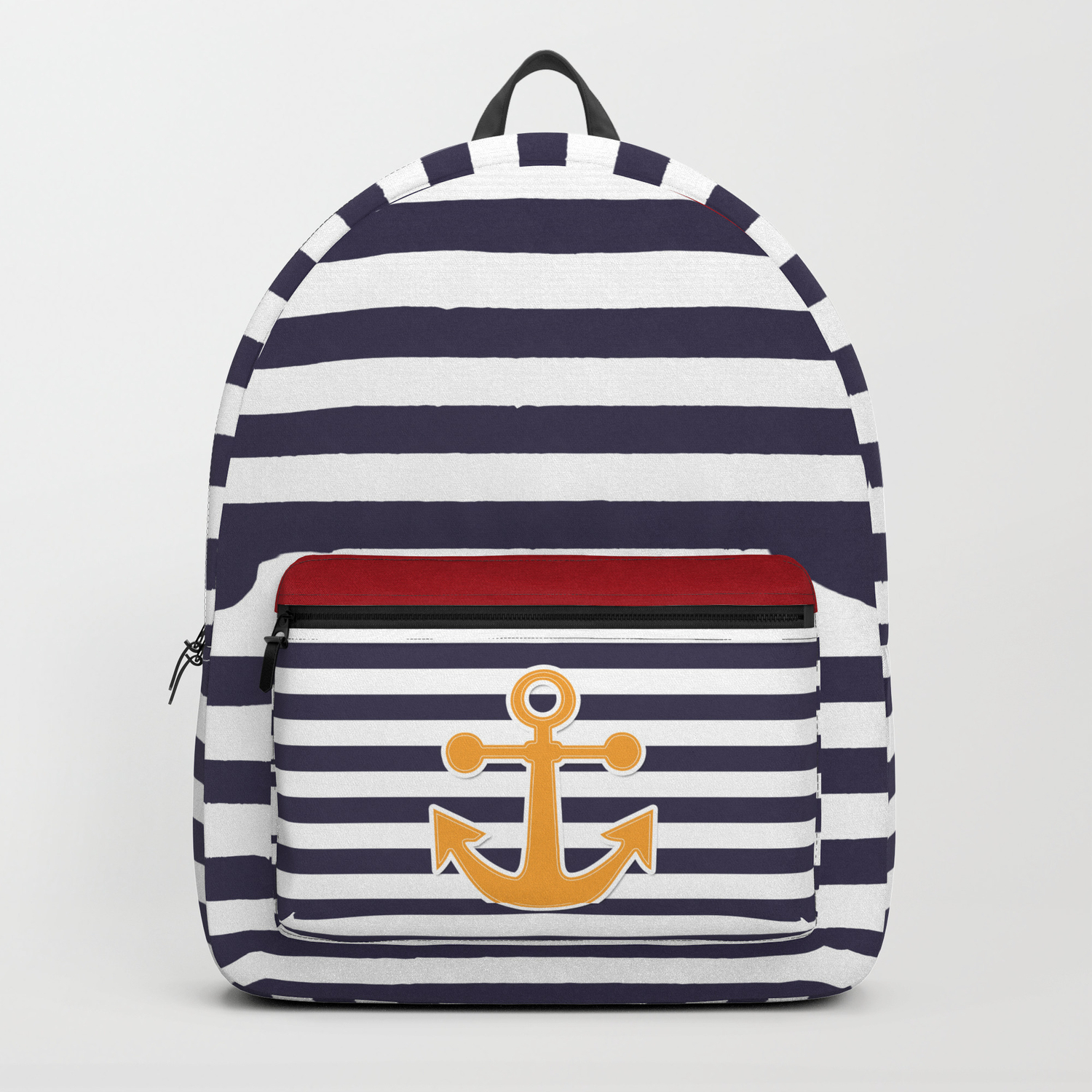 blue and white striped backpack