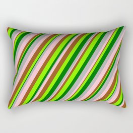 [ Thumbnail: Vibrant Dark Grey, Pink, Brown, Green & Dark Green Colored Lined Pattern Rectangular Pillow ]