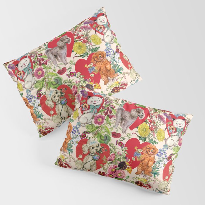 Poodles and Cats Celebrate Valentine's Day - Cute pets & flowers vintage illustrations collage   Pillow Sham
