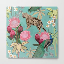 Tiger and Peacock With Tropical Flowers Pattern Turquoise Metal Print | Drawing, Artistic, Stylised Floral, Botanical, Forest, Jungle, Tiger, Summer, Digital, Turquoise 