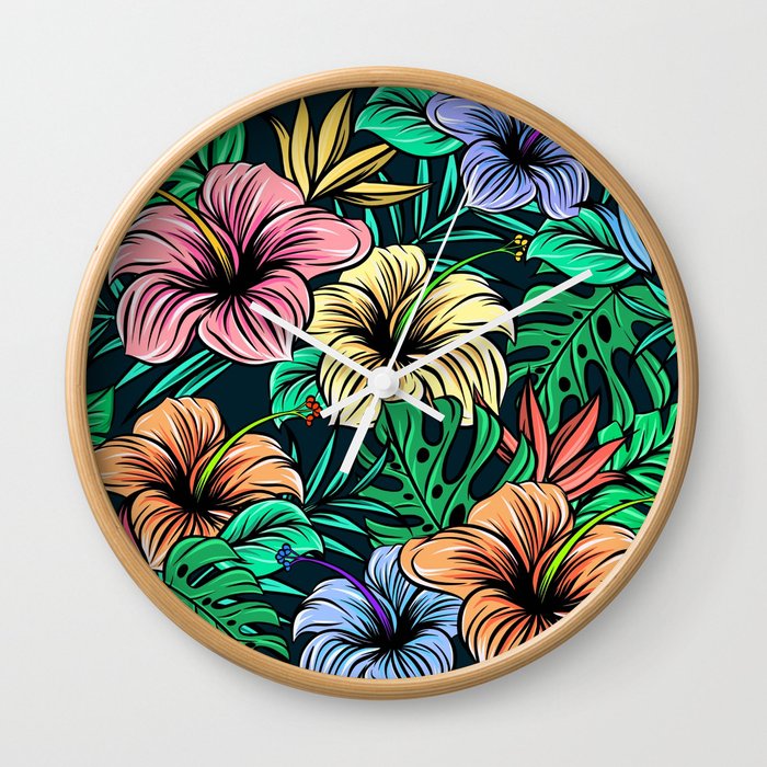 Hawaiian Hibiscus Floral Colorful Pattern Wall Clock