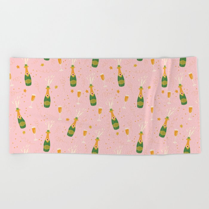 Champagne Bottles Pink Beach Towel