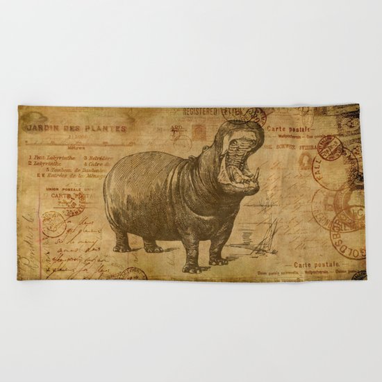 Vintage retro Hippo wildlife animal africa Beach Towel