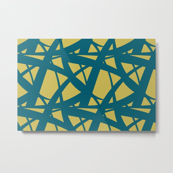 Tropical Dark Teal Abstract Mosaic Pattern 3 Inspired by Sherwin Williams 2020 Trending Color Oceanside SW6496 on Dark Yellow Metal Print
