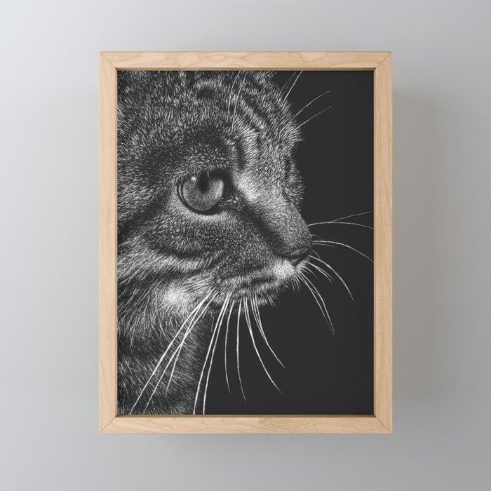 Tabby Cat Portrait Fine Art Scratchboard Framed Mini Art Print