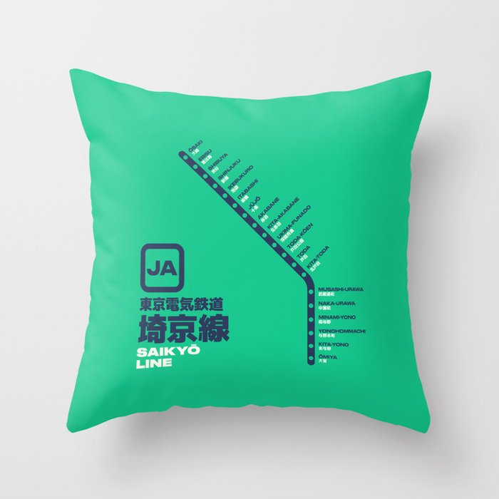 Saikyo Line Tokyo Train Station List Map - Green Throw Pillow