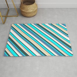 [ Thumbnail: Eye-catching Blue, Tan, White, Dark Slate Gray, and Cyan Colored Lined/Striped Pattern Rug ]