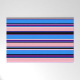 [ Thumbnail: Blue, Black, Light Pink & Indigo Colored Lines Pattern Welcome Mat ]
