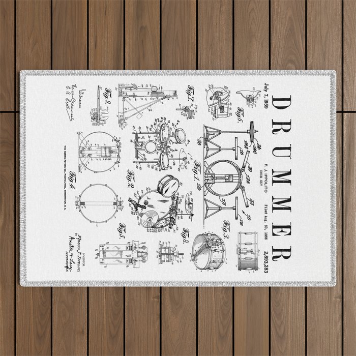 Drum Set Kit Vintage Patent Drummer Drawing Print Outdoor Rug