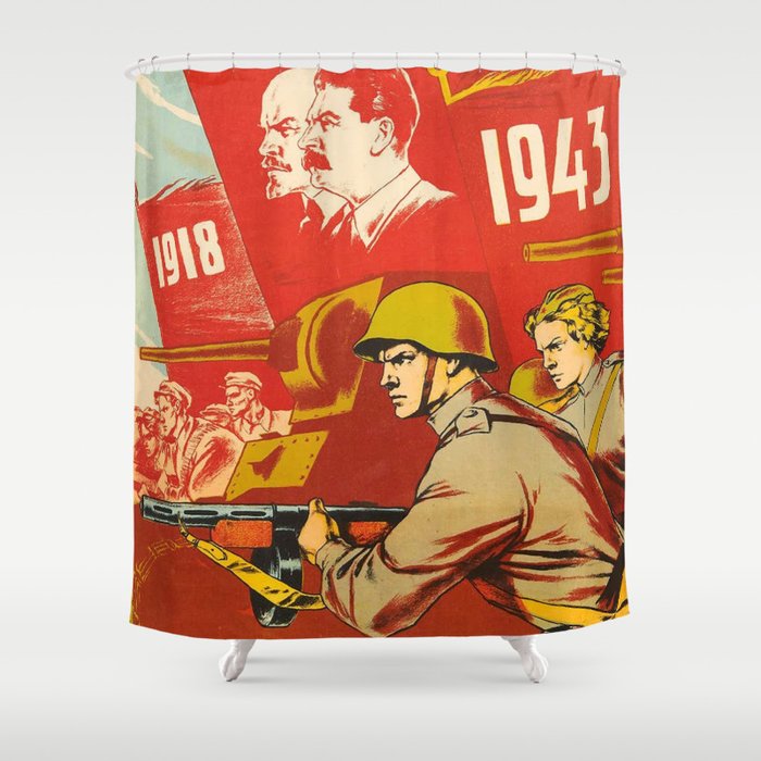 1943 Vintage 25th Anniversary Komsomol USSR WWII Soviet Propaganda Poster Shower Curtain