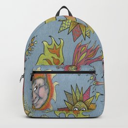 different fantasy sun faces, blue gray grey yellow orange red Backpack