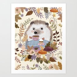Hedgehog with coffee Art Print