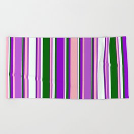 [ Thumbnail: Eyecatching Orchid, Light Pink, Dark Violet, Dark Green & Mint Cream Colored Lines/Stripes Pattern Beach Towel ]
