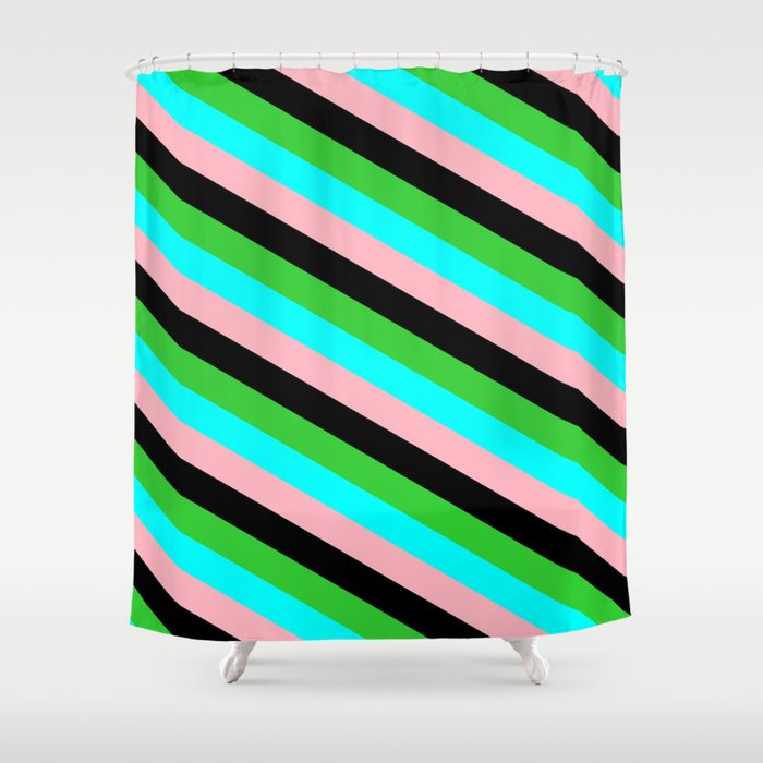 Lime Green, Cyan, Light Pink & Black Colored Striped Pattern Shower Curtain
