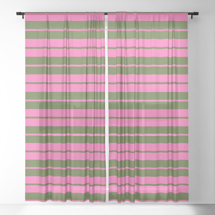 Hot Pink and Dark Olive Green Colored Lined Pattern Sheer Curtain