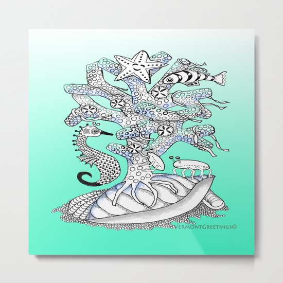 Zentangle Seahorse, Coral, Starfish Undersea Illustration Metal Print