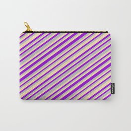 [ Thumbnail: Dark Violet, Grey, and Beige Colored Striped Pattern Carry-All Pouch ]